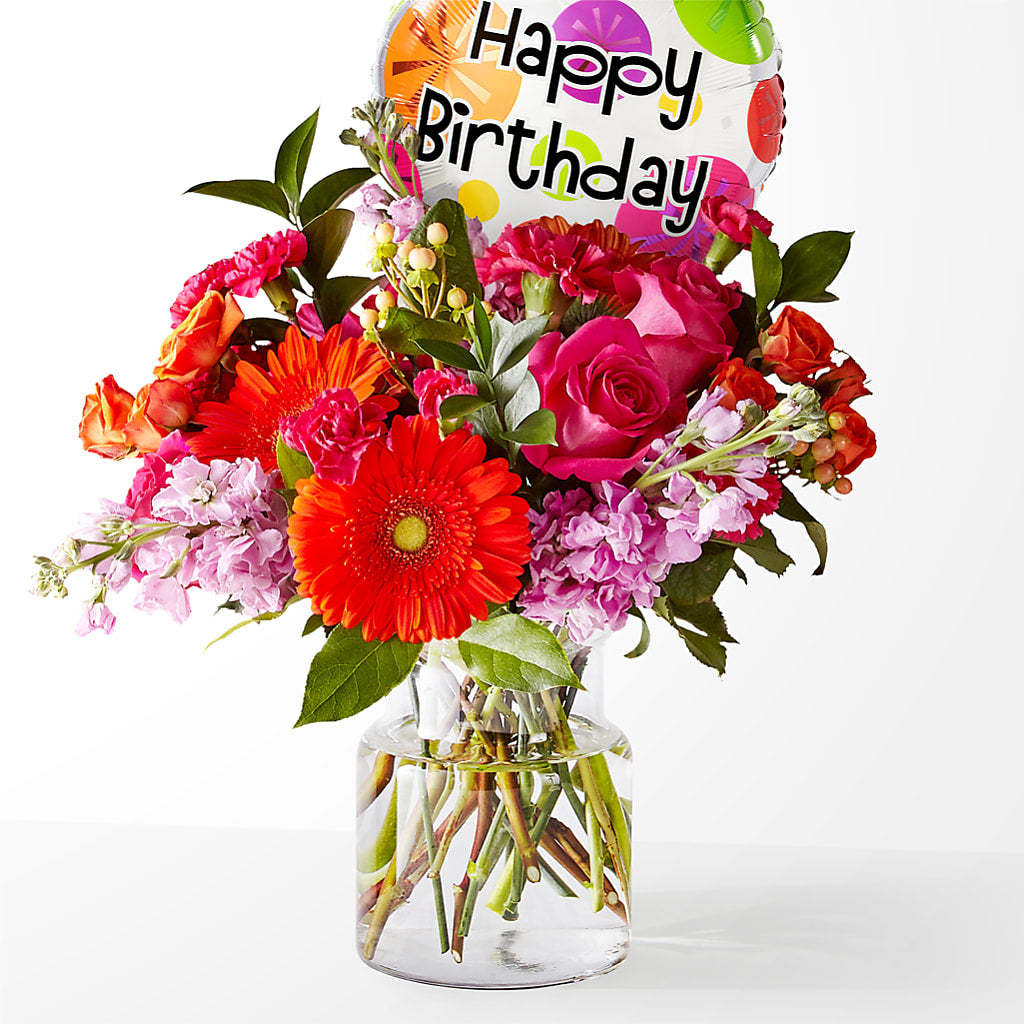 Fiesta Bouquet with Birthday Balloon – THE LADYBUG FLORAL & GIFTS, Berlin WI