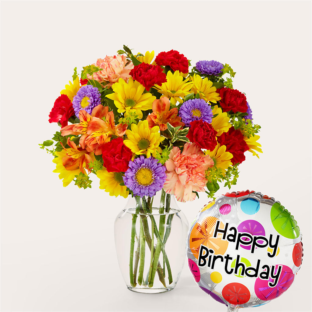 Kaleidoscope Bouquet with Birthday Balloon – THE LADYBUG FLORAL & GIFTS, Berlin WI