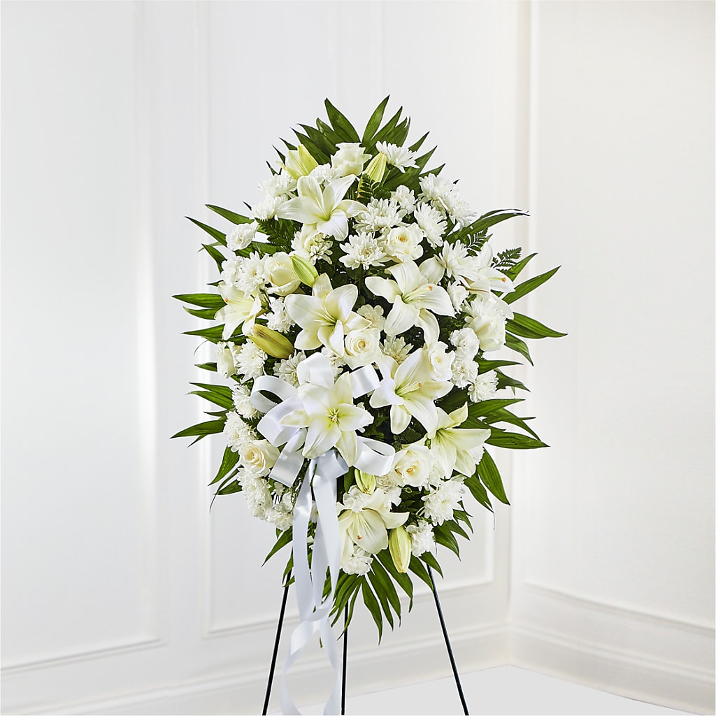 Exquisite Tribute Standing Spray-White Ribbon – THE LADYBUG FLORAL & GIFTS, Berlin WI