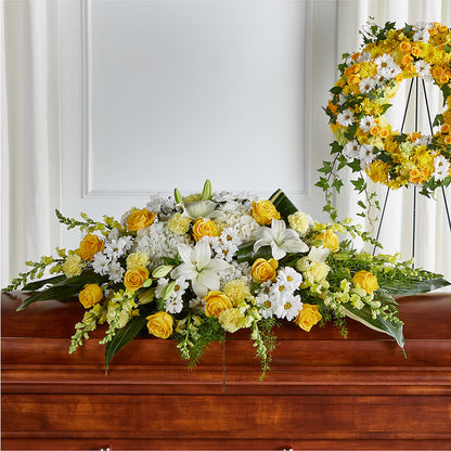 Golden Harmony Casket Spray – THE LADYBUG FLORAL & GIFTS, Berlin WI